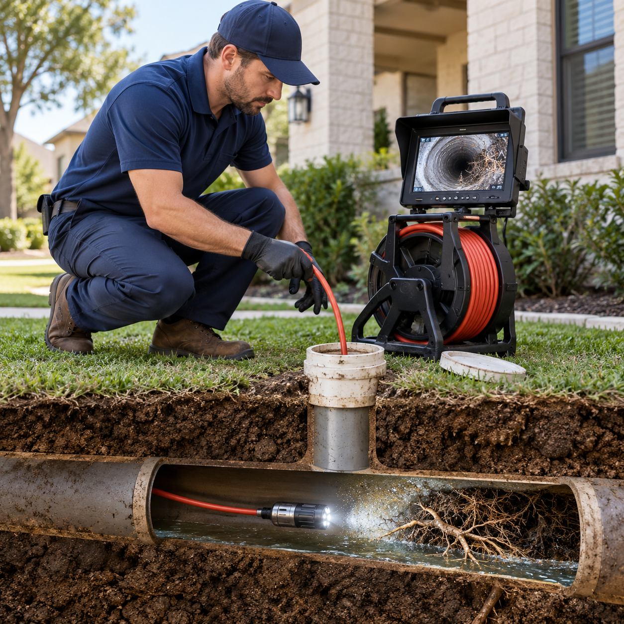 Actual video footage and equipment from a high-definition sewer line inspection