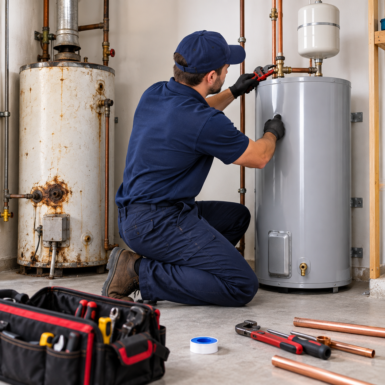 Actual installation of a new water line during a multi-day plumbing project